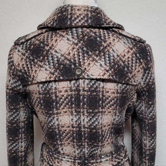 DKNY Retro Y2K Brown Plaid Tweed Double Breasted Belted Midi Peacoat Trench Coat - Picture 9 of 13